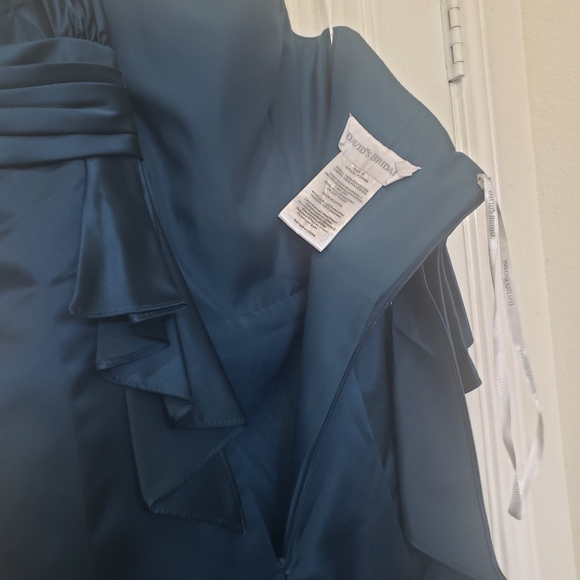 David's Bridal 8 teal satin one shoulder gown 3d ribbon adornments ruched - Picture 12 of 12